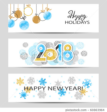 Happy New Year greeting banners set in blue, golden and black colors. Vector illustration.	 60863964