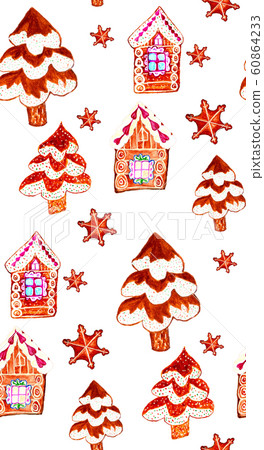 Gingerbread cookie village hand drawn pattern Gingerbread cookie village hand drawn pattern 60864233