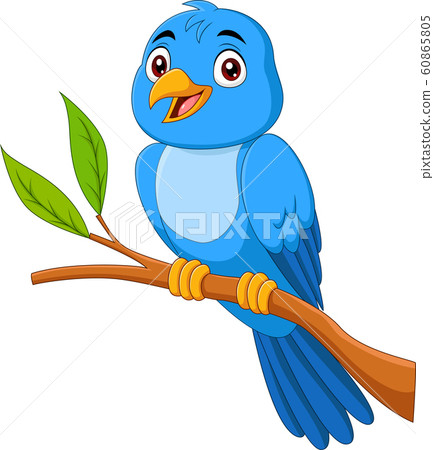 Cartoon blue bird sitting on tree branch 60865805