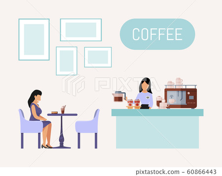 People and barista in coffee shop vector illustration. Cafeteria visitor sitting at table. People spending time in coffee house drink coffee, meet friends and relaxe. People and barista in coffee shop vector illustration. Cafeteria visitor sitting at table. People spending time in coffee house drink coffee, meet friends and relaxe. 60866443