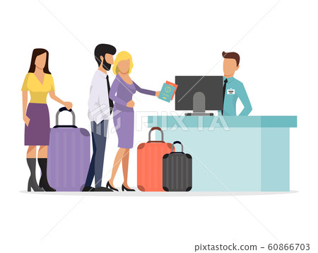 A large queue of different people at the airport. Airline queueing vector illustration. People with luggage in departure airlines 60866703
