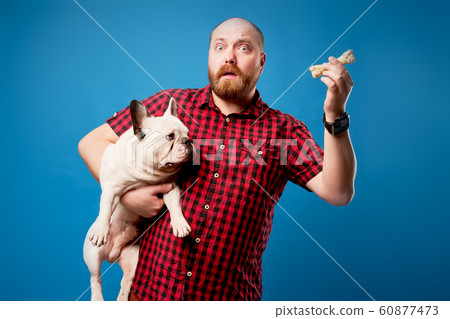 Surprised man in shirt holds bulldog and bone on empty blue background Surprised man in shirt holds bulldog and bone on empty blue background 60877473