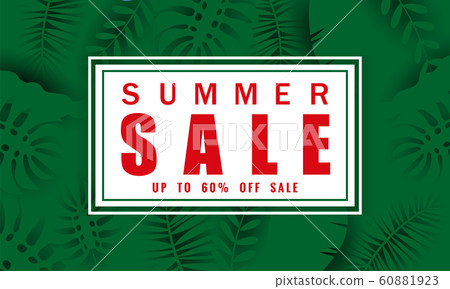 Summer sale banner template for seasonal sales with tropical leaves flowers background, color exotic floral design banner, flyer, invitation, poster. Paper cut style, vector illustration Summer sale banner template for seasonal sales with tropical leaves flowers background, color exotic floral design banner, flyer, invitation, poster. Paper cut style, vector illustration 60881923