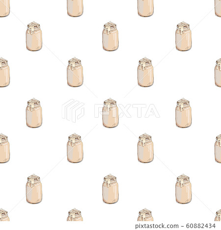 Vector food illustration in pastel colors. Colorful hand drawn seamless pattern with popular drinks isolated on white. Positive sweet fashion fabric print with desserts. Polka dot endless texture. 60882434