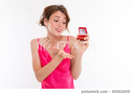 Beautiful caucasian woman acceps marriage proposal and rejoices, picture isolated on white Beautiful caucasian woman acceps marriage proposal and rejoices, picture isolated on white 60882609