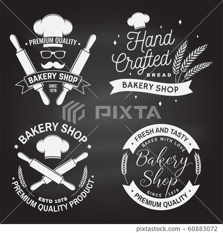 Set of Bakery shop badge on the chalkboard. Concept for badge, shirt, label, stamp. Design with rolling pin, chef hat, wheat ears silhouette. For restaurant identity, packaging menu 60883072