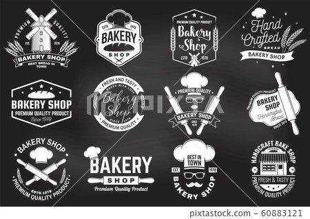 Set of Bakery shop badge on the chalkboard. Concept for badge, shirt, label, stamp. Design with windmill, rolling pin, dough, wheat ears silhouette. For restaurant identity, packaging menu 60883121
