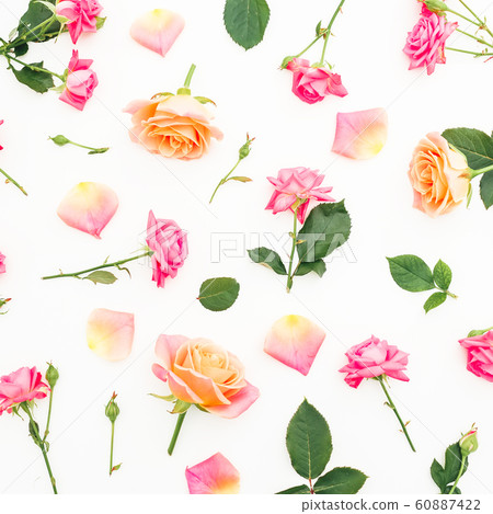 Floral pattern with roses flowers and petals on white background. Flat lay, top view. Floral pattern with roses flowers and petals on white background. Flat lay, top view. 60887422