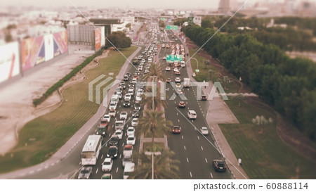 Aerial shot of heavy traffic jam in rush hour in Dubai, United Arab Emirates UAE 60888114