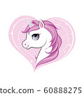 Cute little unicorn character over pink heart shape background. Vector. 60888275