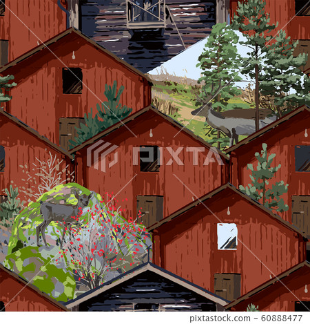 Old traditional scandinavian wooden houses with coniferous trees and landscape inserts. 60888477