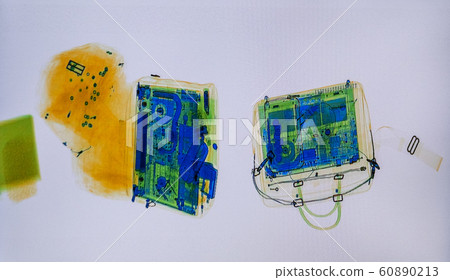 Scanned baggage on the x-ray scanner screen Scanned baggage on the x-ray scanner screen 60890213