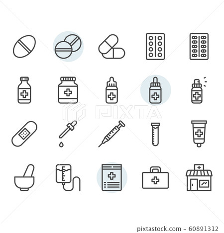 Medicine related icon and symbol set in outline 60891312