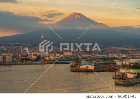 Aerial view of Mountain Fuji near industrial area, 60901443