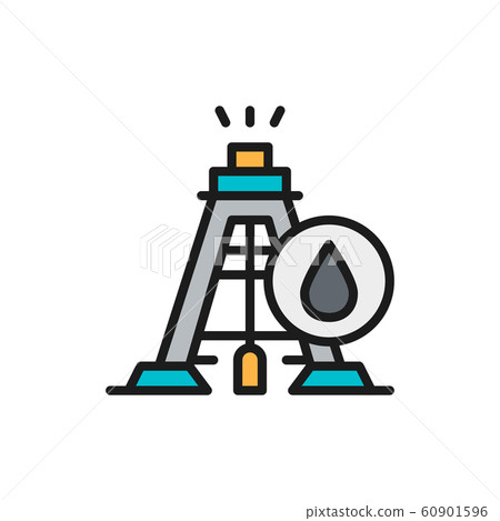 Industrial drilling rig tower platform, oil fuel equipment flat color line icon. Industrial drilling rig tower platform, oil fuel equipment flat color line icon. 60901596
