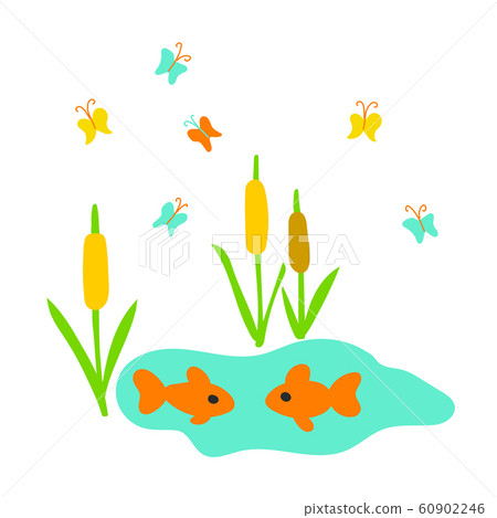 Cartoon lake with fishes, reed, butterfly icon Cartoon lake with fishes, reed, butterfly icon 60902246