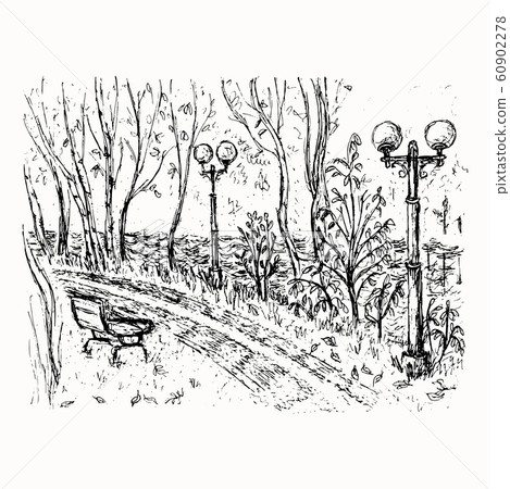 Riverside landscape hand drawn sketch on the white Riverside landscape hand drawn sketch on the white 60902278