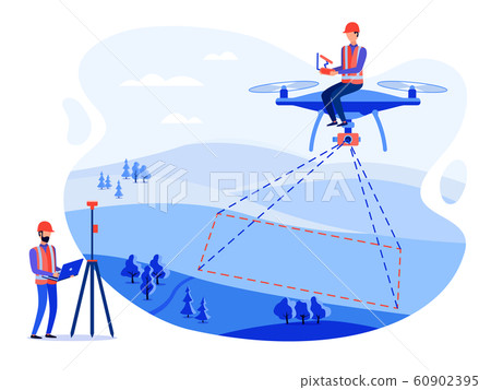 Concept surveyors and cartographers make geodetic measurements using a drone, copter. Concept surveyors and cartographers make geodetic measurements using a drone, copter. 60902395