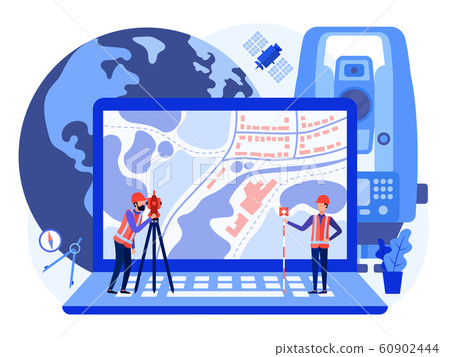 Concept surveyors produce geodetic survey of the area using theodolite and map on a laptop. 60902444