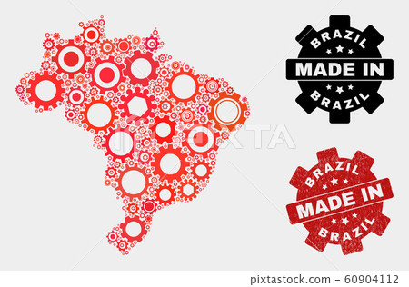 Mosaic Brazil Map of Gearwheel Elements and Grunge Seal 60904112