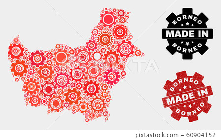Mosaic Borneo Map of Gear Elements and Grunge Seal Mosaic Borneo Map of Gear Elements and Grunge Seal 60904152