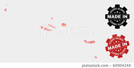 Mosaic Azores Islands Map of Gearwheel Elements and Grunge Seal 60904248