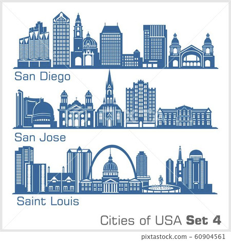 Cities of USA - San Diego, San Jose, Saint Louis. Detailed architecture. Trendy vector illustration. Cities of USA - San Diego, San Jose, Saint Louis. Detailed architecture. Trendy vector illustration. 60904561