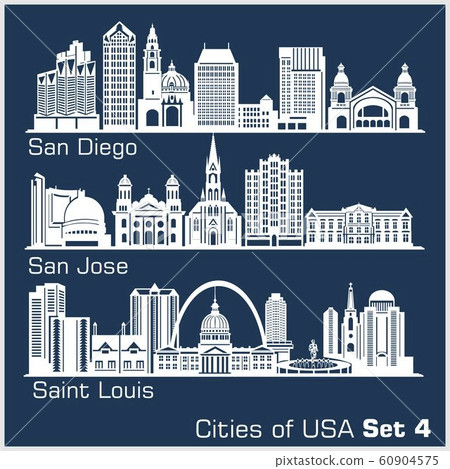 Cities of USA - San Diego, San Jose, Saint Louis. Detailed architecture. Trendy vector illustration. Cities of USA - San Diego, San Jose, Saint Louis. Detailed architecture. Trendy vector illustration. 60904575