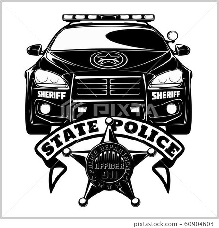 Police Vector Badge - Design elements, Police car. Monochrome style. Vector illustration Isolated on White 60904603