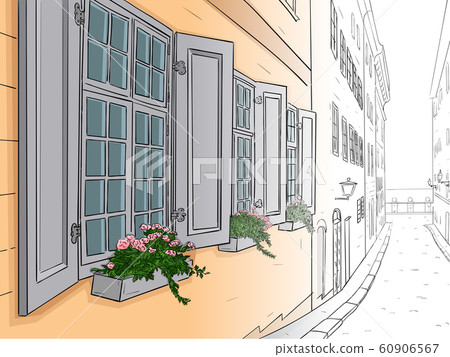 Narrow city street with flowers in window boxes. Hand drawn sketch. From black and white outline to colored image 60906567