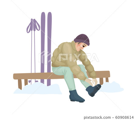 Ski rental. Man putting on ski boots. Vector illustration Ski rental. Man putting on ski boots. Vector illustration 60908614