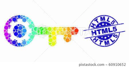 Vector Spectrum Pixelated Key Gear Icon and Scratched Html5 Stamp 60910652