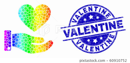 Vector Spectral Pixel Heart Donation Hand Icon and Scratched Valentine Stamp Seal 60910752