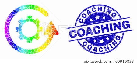 Vector Rainbow Colored Dot Gear Rotation Icon and Grunge Coaching Stamp 60910838