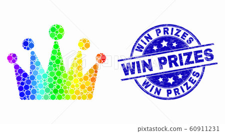 Vector Bright Dotted Crown Icon and Scratched Win Prizes Watermark 60911231