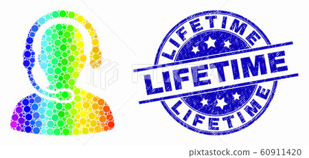 Vector Bright Pixelated Call Center Operator Icon and Distress Lifetime Stamp 60911420