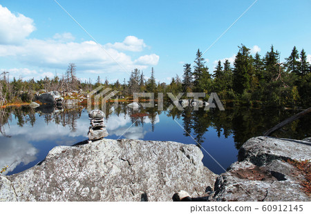 Swamp or lake and megalithic seid boulder stones, Swamp or lake and megalithic seid boulder stones, 60912145
