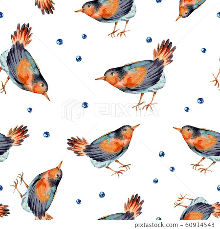 Cute watercolor seamless pattern with birds, blue - Stock Illustration ...