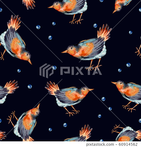 Cute watercolor seamless pattern with birds, blue - Stock Illustration ...
