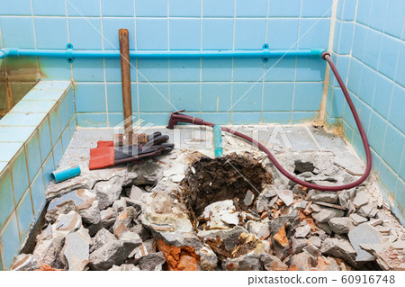 repair toilet old bathroom interior house  60916748