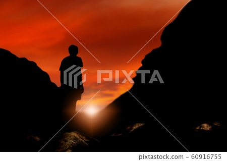 silhouette male stand back on mountains look sky 60916755