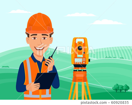 Surveyor, cartographer, cartoon smile character, theodolite, surveying equipment.  60920835