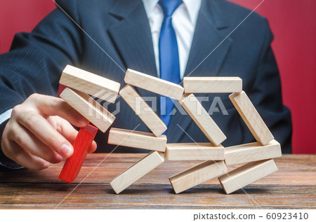 A businessman removes an important component causes collapse of entire complex system. Making wrong decisions, ruining business. Inexperience, unprofessional leader. Failure. Incompetent businessman. A businessman removes an important component causes collapse of entire complex system. Making wrong decisions, ruining business. Inexperience, unprofessional leader. Failure. Incompetent businessman. 60923410