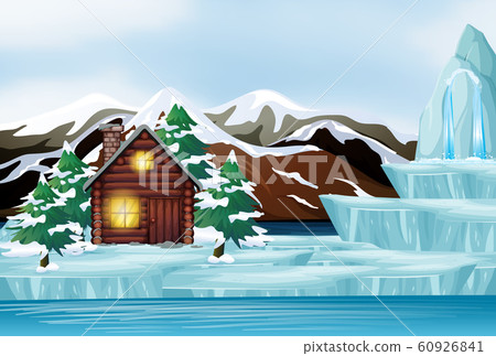 Scene with wooden cottage on ice 60926841