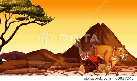 Scene with many animals in the savanna field Scene with many animals in the savanna field 60927243