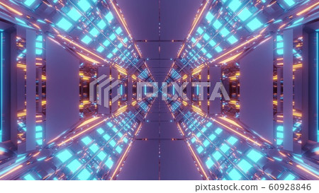 futuristic science-fiction hangar tunnel with endless glowing lights 3d rendering design background wallpaper 60928846