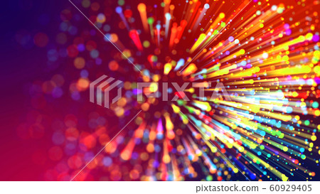 Abstract explosion of multicolored shiny particles like sparkles with light rays like laser show. 3d abstract background with light rays colorful glowing particles, depth of field, bokeh. 60929405