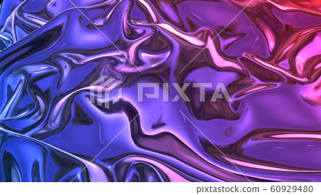 3D render beautiful folds of foil with gradient iridescent blue red color in full screen, as clean fabric abstract background. Simple soft material with crease like waves on liquid surface. 69 60929480