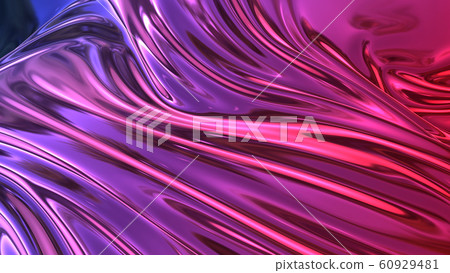 3D render beautiful folds of foil with gradient iridescent blue red color in full screen, as clean fabric abstract background. Simple soft material with crease like waves on liquid surface. 67 60929481