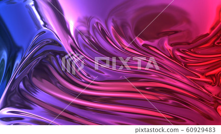 3D render beautiful folds of foil with gradient iridescent blue red color in full screen, as clean fabric abstract background. Simple soft material with crease like waves on liquid surface. 60 60929483